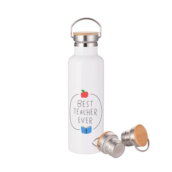 Best teacher ever, Stainless steel White with wooden lid (bamboo), double wall, 750ml