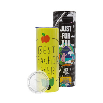 Best teacher ever, Neon Yellow Travel Tumbler θερμό, μεταλλικό καλαμάκι(Ανωξείδωτο 304 Food grade, BPA free, 600ml)