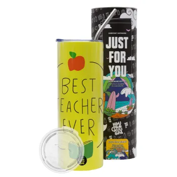 Best teacher ever, Neon Yellow Travel Tumbler, with metal straw (Stainless steel 304 Food grade, BPA free, 600ml)