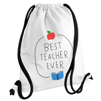 Best teacher ever, Backpack pouch GYMBAG white, with pocket (40x48cm) & thick cords
