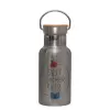 Stainless steel metallic thermos flask, silver with a bamboo lid, double-walled, 350ml.