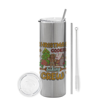 Christmas Cookie Baking Crew, Tumbler ποτήρι θερμό Ασημένιο από ανοξείδωτο ατσάλι 600ml, με μεταλλικό καλαμάκι & βούρτσα καθαρισμού