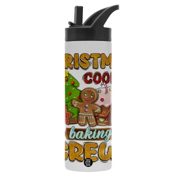 Christmas Cookie Baking Crew, Metallic thermos bottle with straw & handle, stainless steel (Stainless steel 304), double-walled, 600ml.