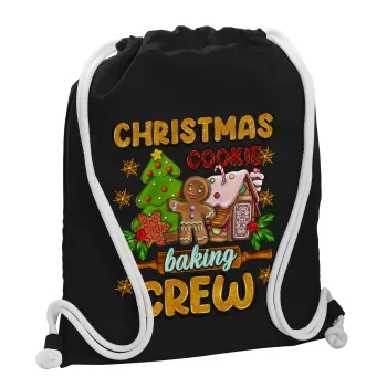Christmas Cookie Baking Crew, Τσάντα πλάτης πουγκί GYMBAG Μαύρη, με τσέπη (40x48cm) & χονδρά λευκά κορδόνια