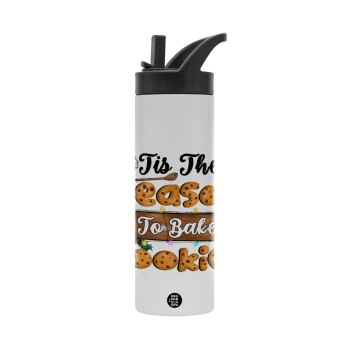 Tis The Season To Bake Cookies, Metallic thermos bottle with straw & handle, stainless steel (Stainless steel 304), double-walled, 600ml.
