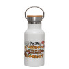 Metallic thermos (Stainless steel) White with wooden lid (bamboo), double-walled, 350ml