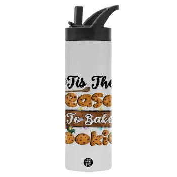 Tis The Season To Bake Cookies, Metallic thermos bottle with straw & handle, stainless steel (Stainless steel 304), double-walled, 600ml.