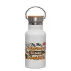 Metallic thermos (Stainless steel) White with wooden lid (bamboo), double-walled, 350ml