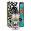 Easter Set, metallic silver aluminum water bottle (500ml) & scented flat Easter candle (30cm) (TURQUOISE)