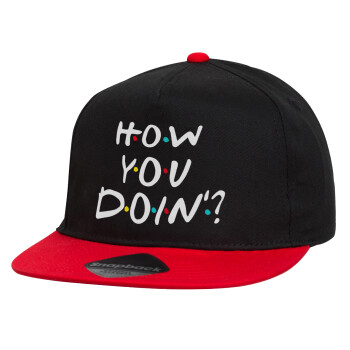 Friends How You Doin'?, Καπέλο παιδικό Flat Snapback, Μαύρο/Κόκκινο (100% ΒΑΜΒΑΚΕΡΟ, ΠΑΙΔΙΚΟ, UNISEX, ONE SIZE)