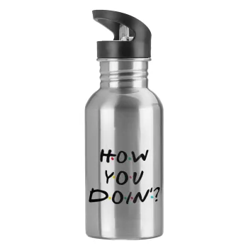 Friends How You Doin'?, Water bottle Silver with straw, stainless steel 600ml