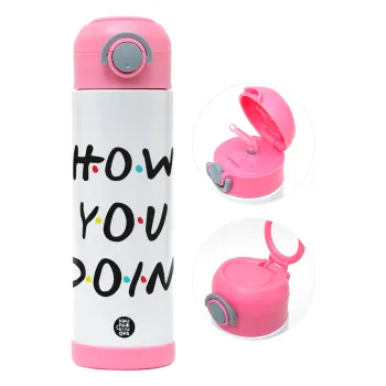 Friends How You Doin'?, Children's hot water bottle, stainless steel, with safety straw, PINK (500ml)