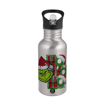 Grinch ho ho ho, Water bottle Silver with straw, stainless steel 500ml
