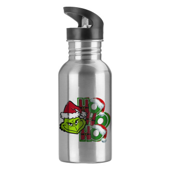 Grinch ho ho ho, Water bottle Silver with straw, stainless steel 600ml