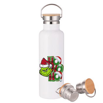 Grinch ho ho ho, Stainless steel White with wooden lid (bamboo), double wall, 750ml