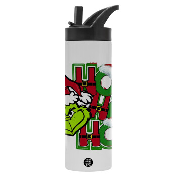 Grinch ho ho ho, Metallic thermos bottle with straw & handle, stainless steel (Stainless steel 304), double-walled, 600ml.
