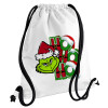 Grinch ho ho ho, Τσάντα πλάτης πουγκί GYMBAG λευκή, με τσέπη (40x48cm) & χονδρά κορδόνια