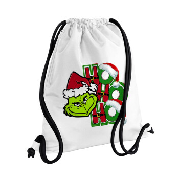Grinch ho ho ho, Τσάντα πλάτης πουγκί GYMBAG λευκή, με τσέπη (40x48cm) & χονδρά κορδόνια