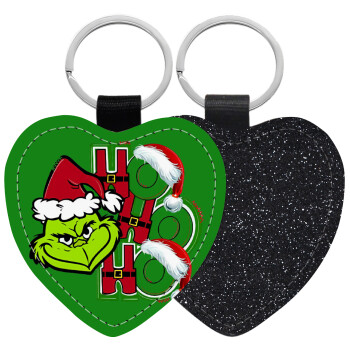 Grinch ho ho ho, Μπρελόκ PU δερμάτινο glitter καρδιά ΜΑΥΡΟ