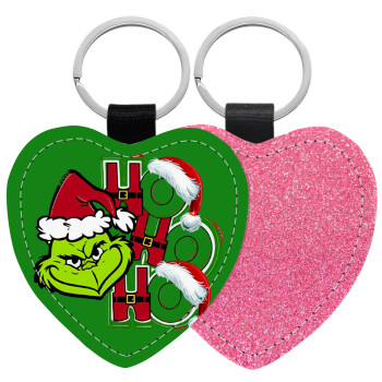 Grinch ho ho ho, Μπρελόκ PU δερμάτινο glitter καρδιά ΡΟΖ