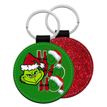 Grinch ho ho ho, Μπρελόκ Δερματίνη, στρογγυλό ΚΟΚΚΙΝΟ (5cm)