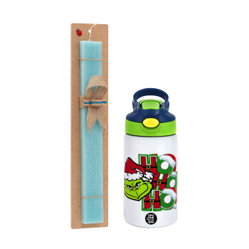Grinch ho ho ho, Πασχαλινό Σετ, Παιδικό παγούρι θερμό, ανοξείδωτο, με καλαμάκι ασφαλείας, πράσινο/μπλε (350ml) & πασχαλινή λαμπάδα αρωματική πλακέ (30cm) (ΤΙΡΚΟΥΑΖ)