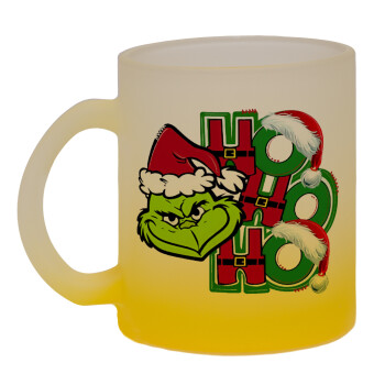 Grinch ho ho ho, Κούπα γυάλινη δίχρωμη με βάση το κίτρινο ματ, 330ml