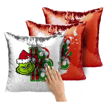 Grinch ho ho ho, Μαξιλάρι καναπέ Μαγικό Κόκκινο με πούλιες 40x40cm περιέχεται το γέμισμα