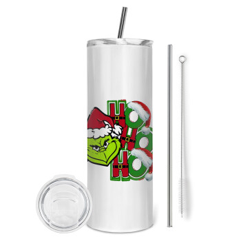 Grinch ho ho ho, Tumbler ποτήρι θερμό από ανοξείδωτο ατσάλι 600ml, με μεταλλικό καλαμάκι & βούρτσα καθαρισμού