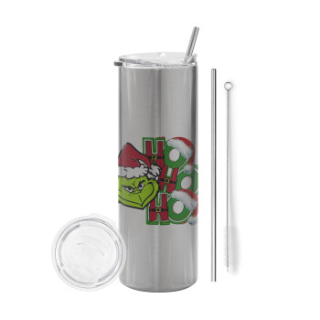 Grinch ho ho ho, Eco friendly stainless steel Silver tumbler 600ml, with metal straw & cleaning brush