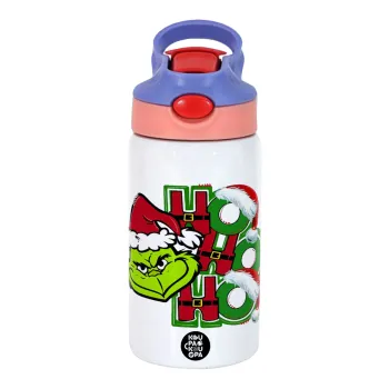 Grinch ho ho ho, Children's hot water bottle, stainless steel, with safety straw, pink/purple (350ml)