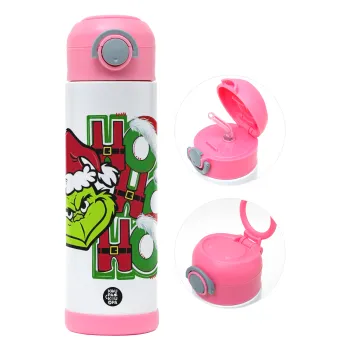 Grinch ho ho ho, Παιδικό παγούρι θερμό, ανοξείδωτο, με καλαμάκι ασφαλείας, ΡΟΖ (500ml)