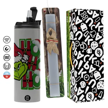 Grinch ho ho ho, Πασχαλινή Λαμπάδα με Travel Tumbler θερμό (600ml, BPA free) & κερί αρωματικό πλακέ (30cm) (ΓΚΡΙ)