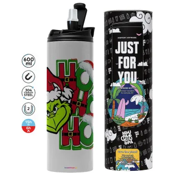 Grinch ho ho ho, Tumbler ποτήρι θερμό ΓΚΡΙ από ανοξείδωτο ατσάλι 600ml