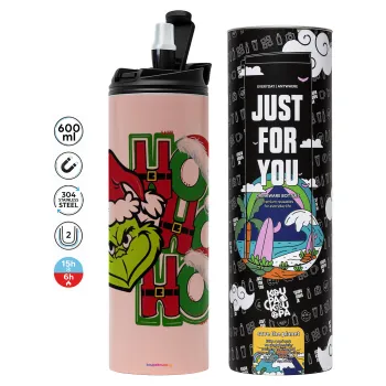 Grinch ho ho ho, Tumbler ποτήρι θερμό ΡΟΖ από ανοξείδωτο ατσάλι 600ml