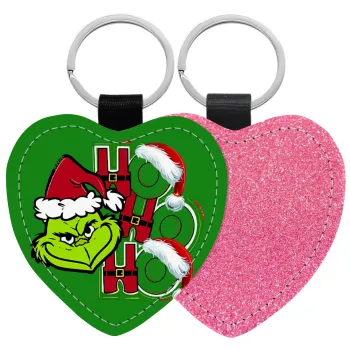 Grinch ho ho ho, Μπρελόκ PU δερμάτινο glitter καρδιά ΡΟΖ