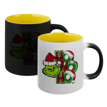 Grinch ho ho ho, Κούπα Μαγική εσωτερικό κίτρινη, κεραμική 330ml που αλλάζει χρώμα με το ζεστό ρόφημα
