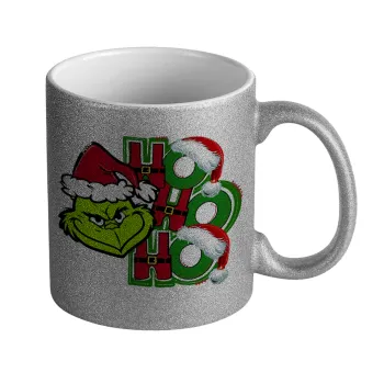 Grinch ho ho ho, Κούπα Ασημένια Glitter που γυαλίζει, κεραμική, 330ml