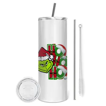 Grinch ho ho ho, Tumbler ποτήρι θερμό από ανοξείδωτο ατσάλι 600ml, με μεταλλικό καλαμάκι & βούρτσα καθαρισμού