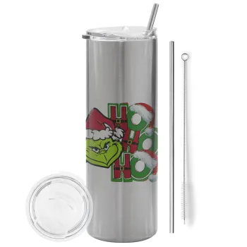 Grinch ho ho ho, Tumbler ποτήρι θερμό Ασημένιο από ανοξείδωτο ατσάλι 600ml, με μεταλλικό καλαμάκι & βούρτσα καθαρισμού