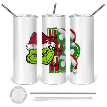 Grinch ho ho ho, Tumbler ποτήρι θερμό από ανοξείδωτο ατσάλι 600ml, με μεταλλικό καλαμάκι & βούρτσα καθαρισμού