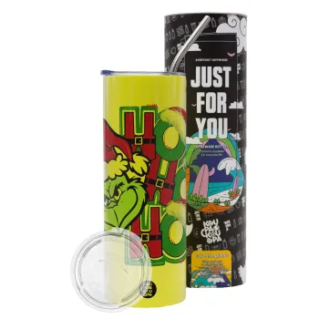 Grinch ho ho ho, Neon Yellow Travel Tumbler θερμό, μεταλλικό καλαμάκι(Ανωξείδωτο 304 Food grade, BPA free, 600ml)