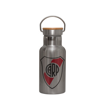 River Plate, Stainless steel metallic thermos flask, silver with a bamboo lid, double-walled, 350ml.