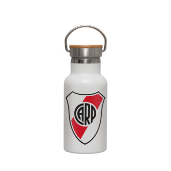 River Plate, Μεταλλικό παγούρι θερμός (Stainless steel) Λευκό με ξύλινο καπακι (bamboo), διπλού τοιχώματος, 350ml