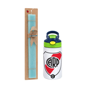 River Plate, Easter Set, Children's thermal stainless steel bottle with safety straw, green/blue (350ml) & aromatic flat Easter candle (30cm) (TURQUOISE)