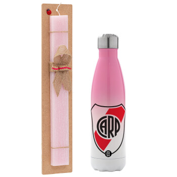 River Plate, Easter Set, Metallic pink/white (Stainless steel) thermos, double-walled, 500ml & aromatic flat Easter candle (30cm) (PINK)