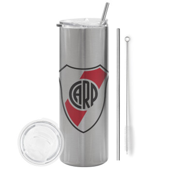 River Plate, Eco friendly ποτήρι θερμό Ασημένιο (tumbler) από ανοξείδωτο ατσάλι 600ml, με μεταλλικό καλαμάκι & βούρτσα καθαρισμού