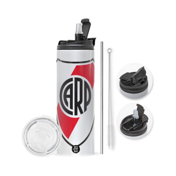 River Plate, Travel Tumbler 2 Lids, with metal straw & cleaning brush (Stainless steel 304 Food grade, BPA free, 600ml)