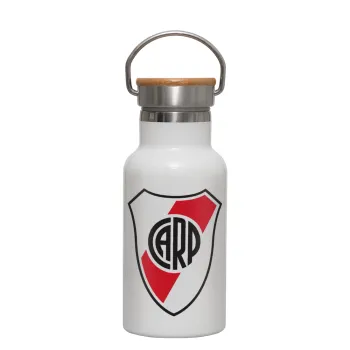 River Plate, Μεταλλικό παγούρι θερμός (Stainless steel) Λευκό με ξύλινο καπακι (bamboo), διπλού τοιχώματος, 350ml