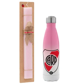 River Plate, Easter Set, Metallic pink/white (Stainless steel) thermos, double-walled, 500ml & aromatic flat Easter candle (30cm) (PINK)